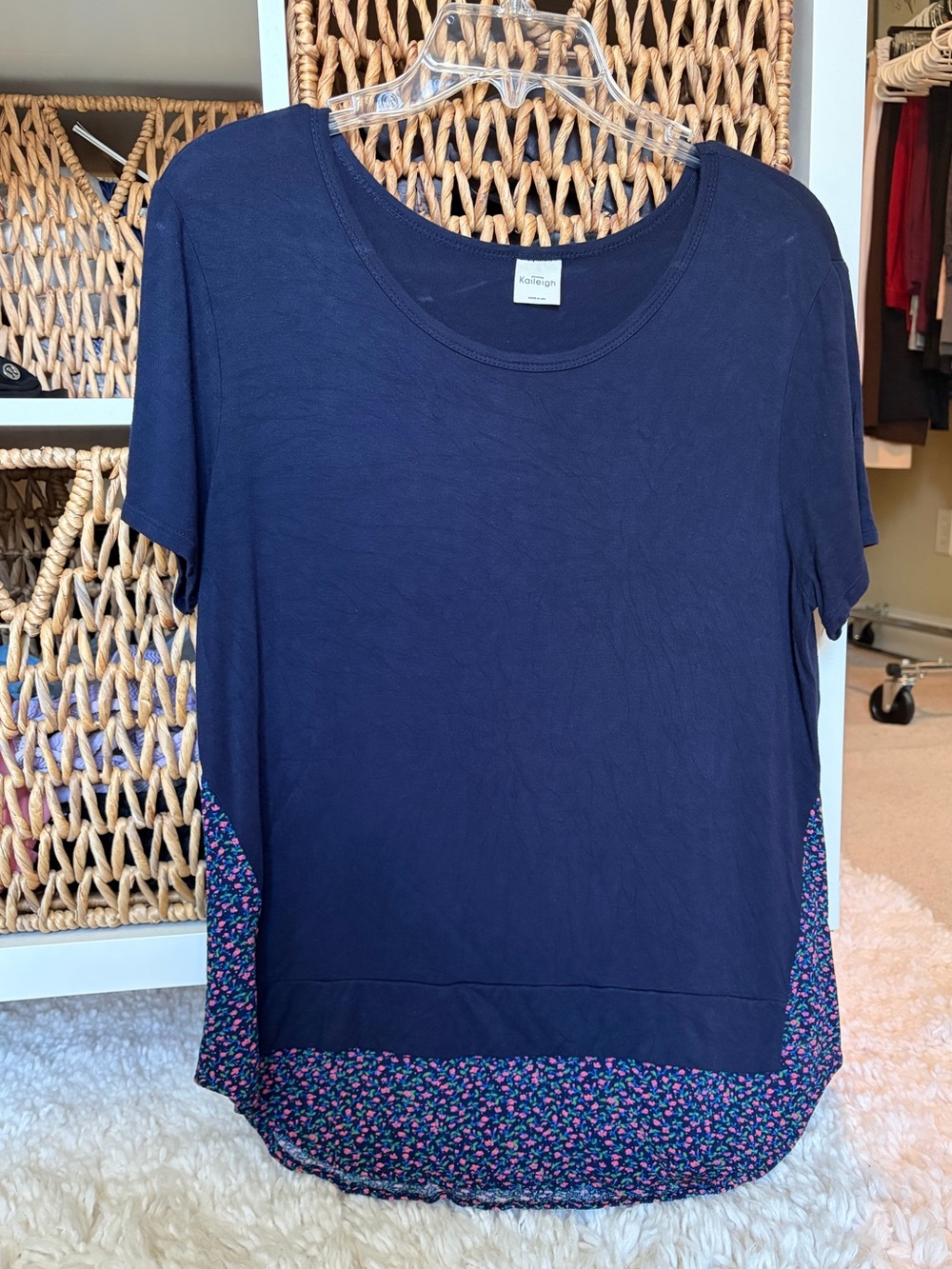 Kaileigh Navy Short-Sleeve Tee with Floral Hem